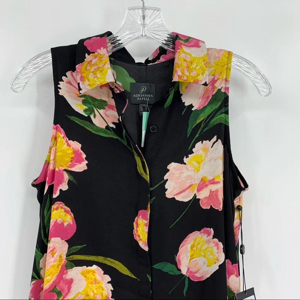 Adrianna Papell Dress NWT Floral Print Sleeveless Black Pink Shirtdress Size 2 - Picture 2 of 10